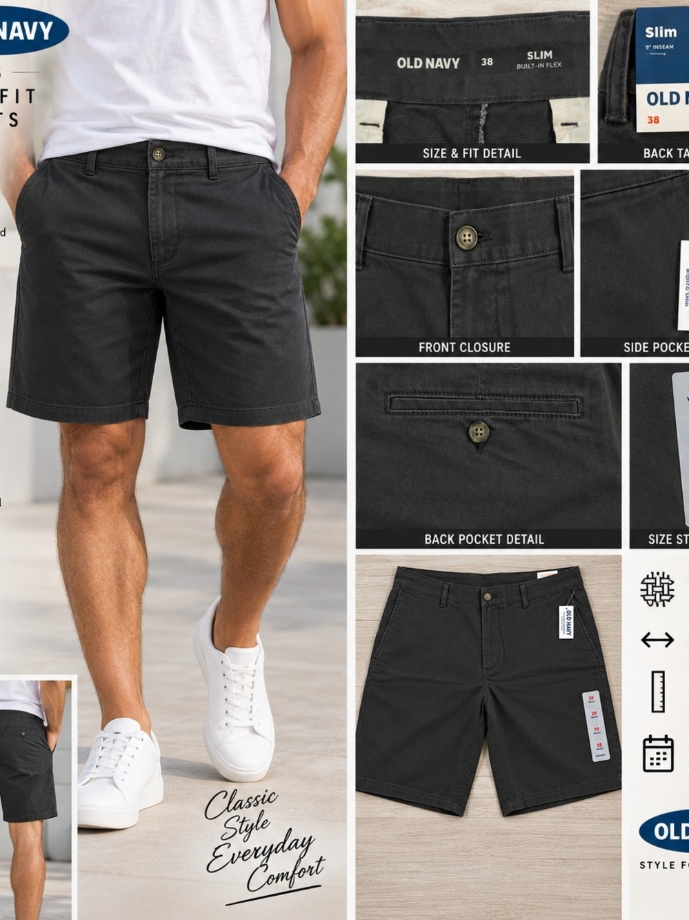 Old Navy Shorts Mens 38 Black Slim Built-In Flex Chino Flat Front